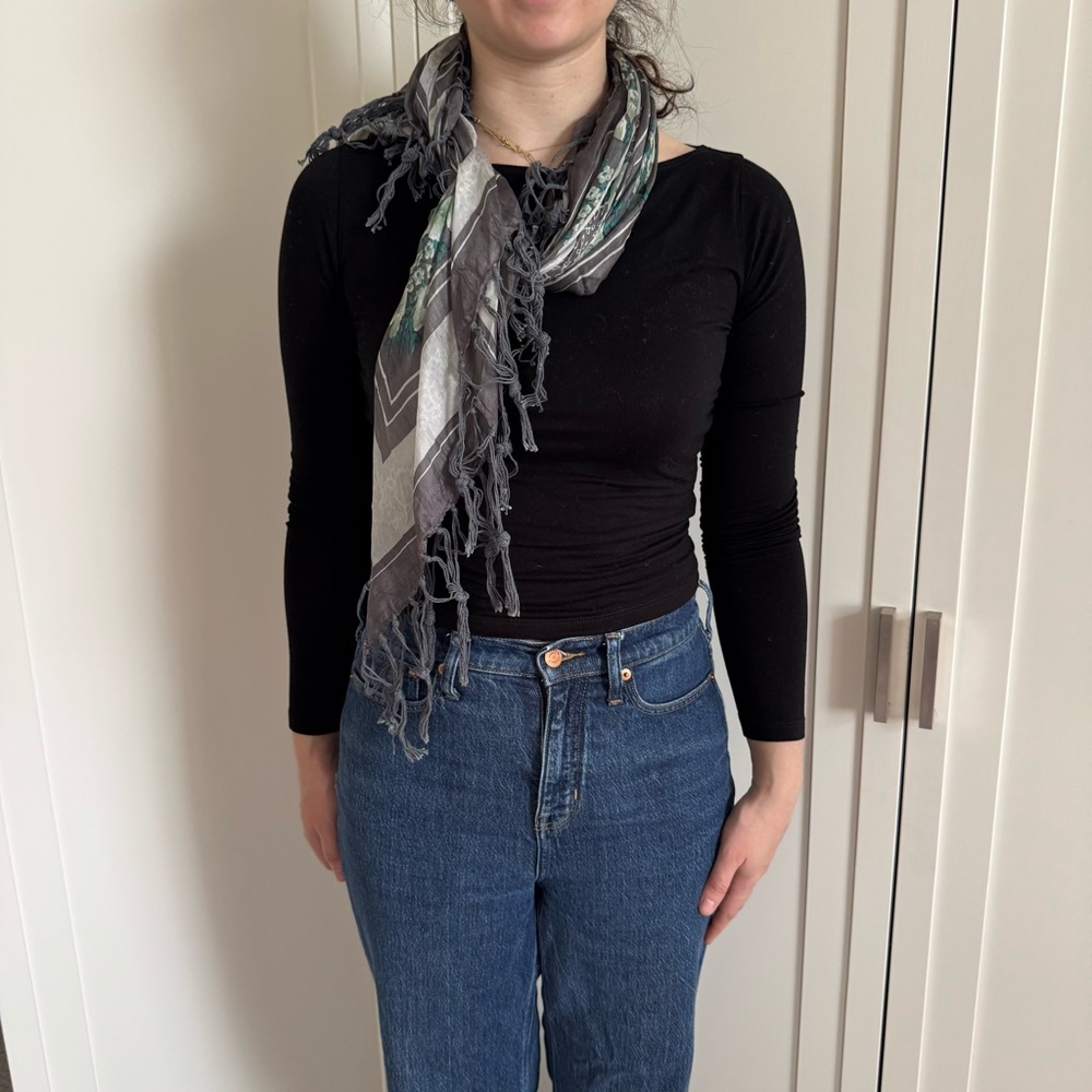 Silk Gray green and white Women's Scarf with fringe